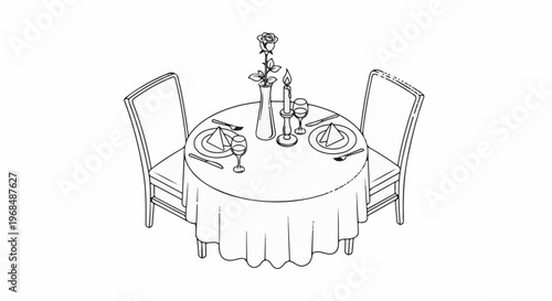 A candlelit table for two with a rose and wine glasses, ready for dinner
