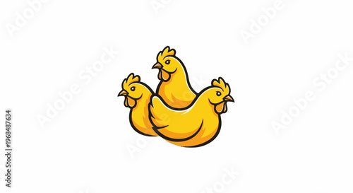 A cartoon depiction of three yellow chickens clustered together