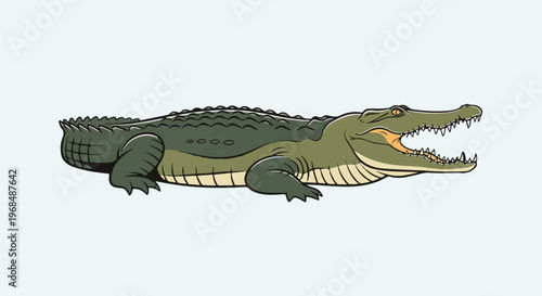 A cartoon alligator with its mouth wide open, revealing sharp teeth and orange interior