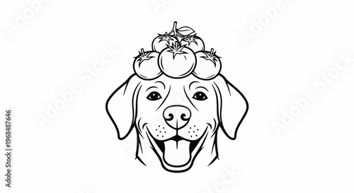 A cartoon dog smiles with tomatoes on its head