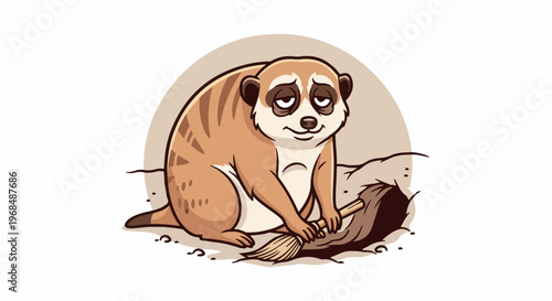 A cartoon meerkat tiredly sweeps dirt out of its burrow entrance