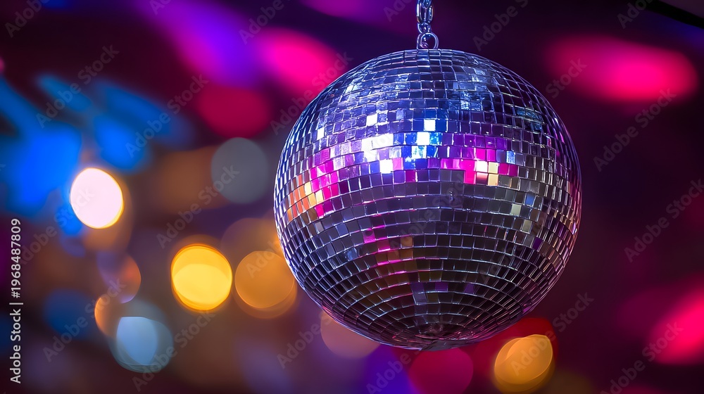 Obraz premium Disco ball hangs at a party venue with colorful lights shining in the background