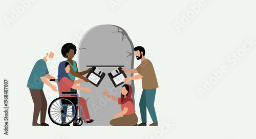 Diverse group of people working together to overcome barriers, including a person in a wheelchair, symbolizing inclusion and support vector illustration.