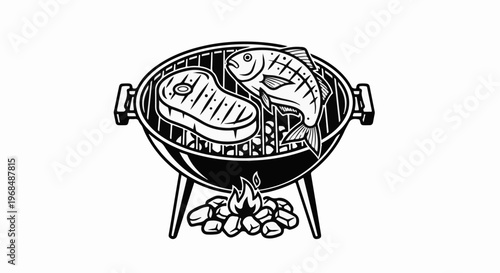 A charcoal grill with steak and fish cooking over embers