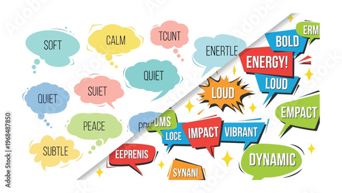 Visual Dichotomy of Emotions: A captivating artistic representation juxtaposes two distinct emotional spectrums through expressive speech bubbles, each encapsulating a unique feeling and tone.