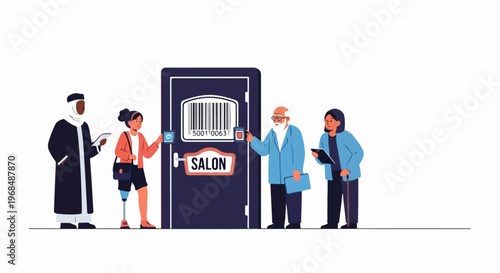 Diverse team collaboration vector illustration at salon door with barcode and diverse people waiting for entry. Business concept for inclusion and diversity in professional settings.