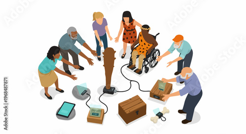 Diverse group of people sharing knowledge and technology across generations and abilities, symbolizing progress and connection.