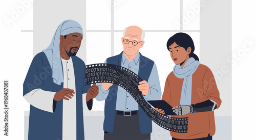 Three diverse people examining classic film strip, engaging in thoughtful discussion about film strip content, sharing memories or creative ideas. Concept film strip for storytelling, education,