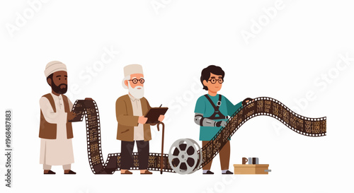 Men engaged in film preservation, carefully handling long film strips and traditional reels. Dedicated film preservation experts inspect classic cinema footage, archives, and historical movies.