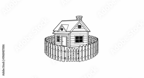 A charming line drawing of a small, rustic house enclosed by a picket fence