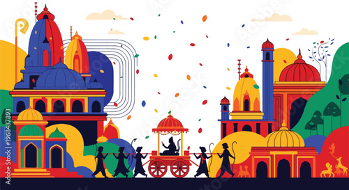 Colorful illustration featuring architecture, figures, and festive elements