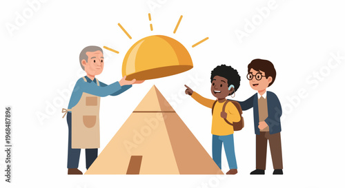 Elder man presenting shining golden dome atop unique pyramid structure, two curious boys captivated by engaging pyramid discovery.
