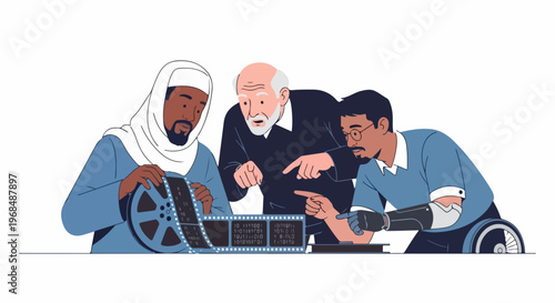 Diverse team collaboration examining film data. Three men, including man in traditional clothing and man in wheelchair with prosthetic limb, engage in diverse team collaboration, pointing at data.