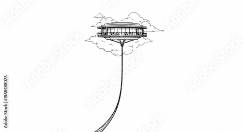 A circular building hovers amongst clouds, suspended by a long, segmented cable