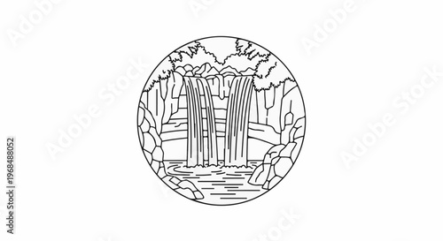 A circular illustration of a waterfall cascading down rocks with trees at the top