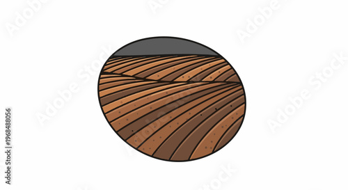 A circular illustration depicts cultivated farm fields in shades of brown and earth tones