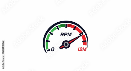 A close up of a round engine tachometer gauge with a needle pointing to 12M