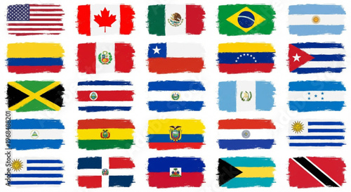 Artistic collection of diverse national flags from the Americas, featuring a vibrant brushstroke texture, symbolizing global identity and cultural heritage