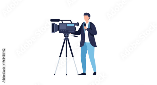 A male videographer in a blue jacket stands next to a video camera on a tripod while holding a microphone on a white background.