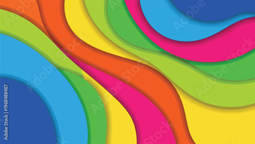 Colorful, layered, abstract design with curved bands of varying hues