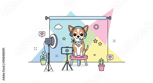 A chihuahua dog wearing headphones and a bandana sits on a stool in a colorful studio with a ring light and smartphone.