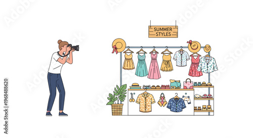 A female photographer takes pictures of a Summer Styles clothing display with dresses, hats, and shoes on racks.