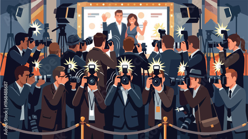 Paparazzi and photographers taking photos of celebrity couple on red carpet event