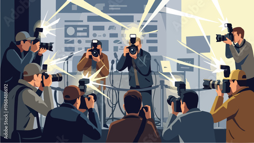 Professional photographers and paparazzi with cameras and bright flashes capturing photos at a press conference or celebrity event. Group of journalists and media reporters standing behind a barrier.