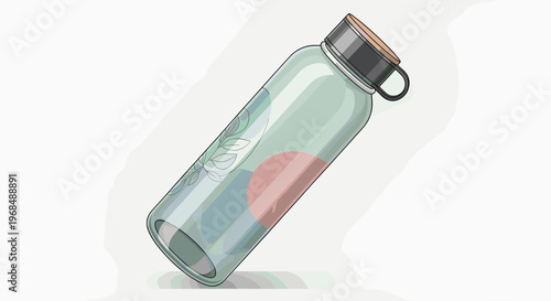 A clear glass water bottle with a bamboo lid and a colorful abstract design, tilted on a white background.