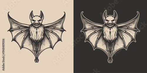 Vintage retro engraving woodcut style sketch draw paint of halloween bat bird animal character