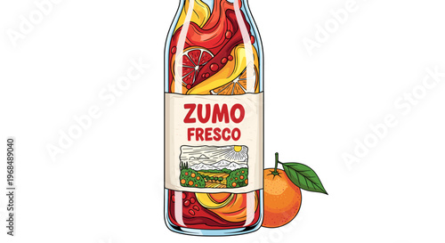 A vibrant illustration of a Zumo Fresco juice bottle filled with colorful citrus fruit slices, accompanied by a fresh orange.
