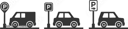 Car Parking Area Icon Set with Various Road Signs