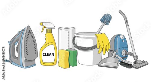 A variety of cleaning supplies are arranged in a line on a white background.