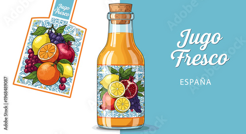 Illustration of a fresh fruit juice bottle with a cork stopper and a label featuring lemons, oranges, grapes, apples, and pomegranates, set against a blue background with a matching tag.