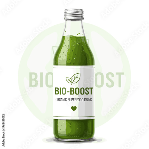 A clear glass bottle with a silver cap containing a vibrant green organic superfood drink labeled 'BIO-BOOST' on a white background.