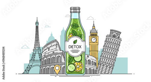 A detox drink bottle surrounded by famous European landmarks like the Eiffel Tower, Colosseum, Big Ben, and Leaning Tower of Pisa, in a travel and wellness concept.