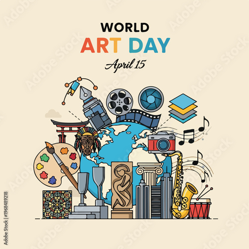 Colorful illustration for World Art Day, featuring artistic elements