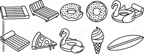 A collection of various chairs and household items in simple black and white line drawings Vector