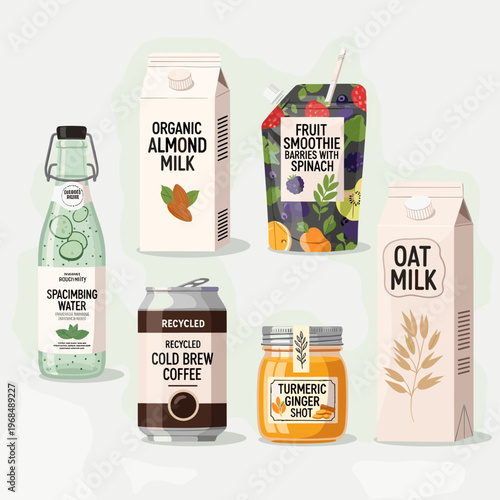 A collection of various healthy and natural beverages including plant-based milks, sparkling water, fruit smoothie, cold brew coffee, and a turmeric ginger shot.
