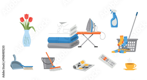 Various household cleaning and domestic items are depicted scattered across a white background.