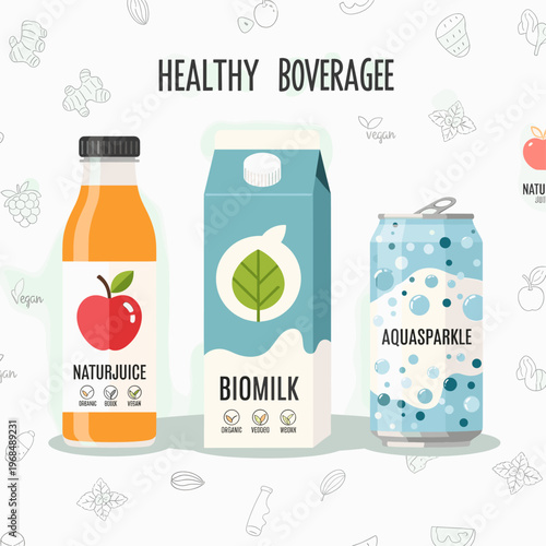 Illustration of various healthy beverages including apple juice, organic milk, and sparkling water, presented in a clean, minimalist style.