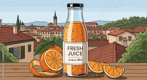 An illustrated scene featuring a bottle of fresh orange juice, a whole orange, and orange slices on a wooden table, with a charming European town in the background.