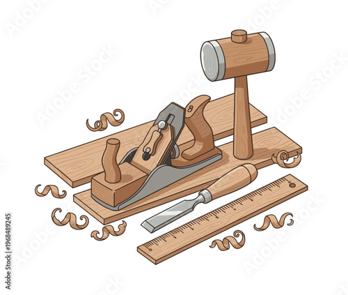 Carpentry tools arrangement for woodworking, featuring a hand plane, chisel, mallet, ruler, timber planks, and wood shavings, illustrating craftsmanship