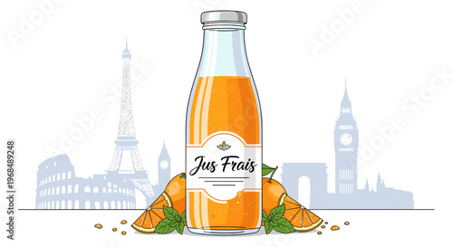 A bottle of fresh orange juice with orange slices and mint leaves, set against a background of famous European landmarks like the Eiffel Tower and Big Ben.