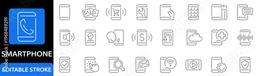 Smartphone icon set. Phone icons. Contact. Navigation. Media. User.  Editable stroke. Vector illustration