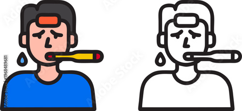 Sick Man Character with Thermometer in Mouth