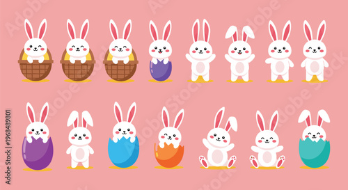 A delightful collection of cartoon bunnies playfully emerging from and around colorful easter eggs showcasing a festive springtime scene high quality professional detailed