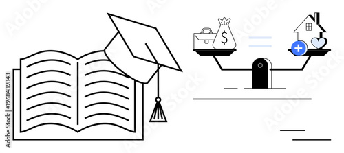 Education concept. Education ed by a book and graduation cap alongside financial balance with money and health symbols. Education key to financial success and lifestyle balance. Perfect for learning