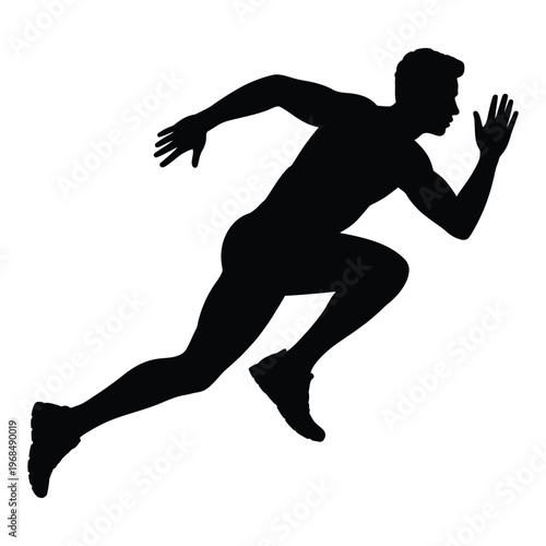 A dynamic illustration of a male runner in full stride captured as a stark silhouette