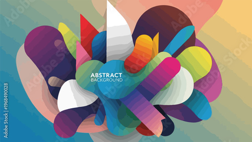 Colorful, layered, abstract shapes on a gradient background